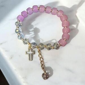 Elegant Purple and Gold Beaded Bracelet with Cross Charm